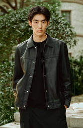 Men's Embossed Short Leather Jacket with Down Liner